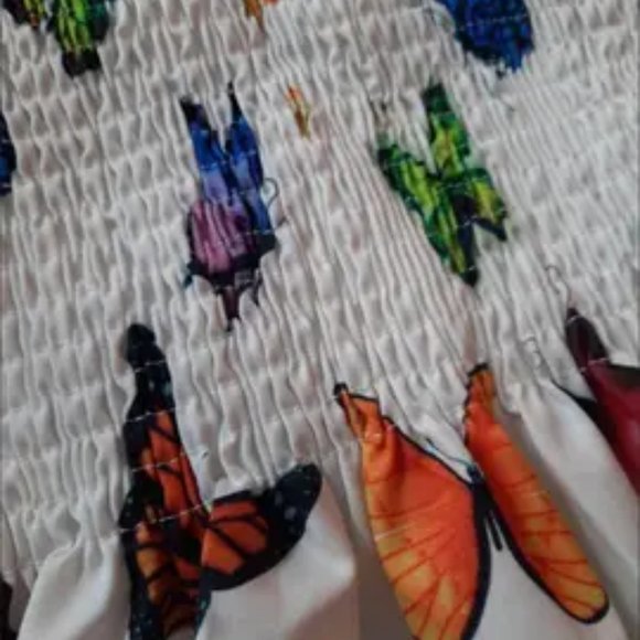 Girls Shirred Puff Sleeve Frill Trim Butterfly Pattern Party Dress Kids Summer C - Picture 5 of 5